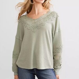 Daytrip Boho Waffle Knit Top Long Sleeves Lace Crochet Details SZ XL  EUC